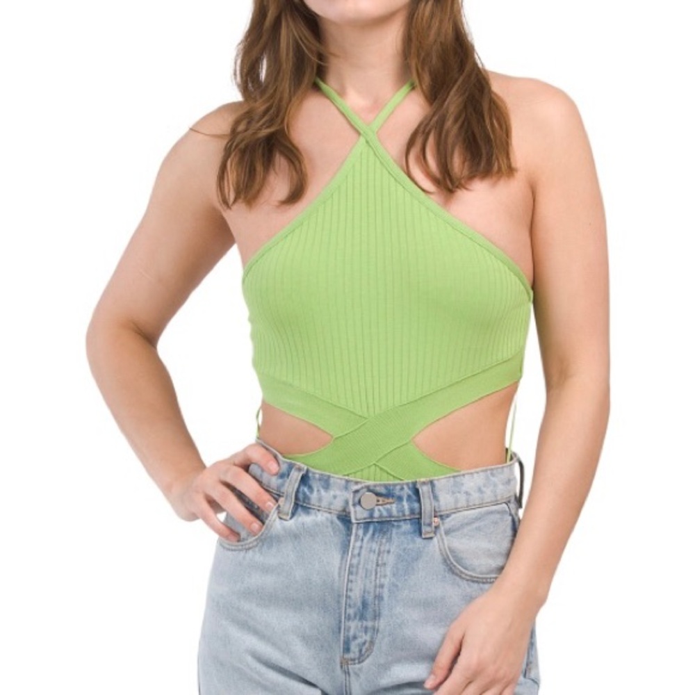 ZARA Ribbed Cut Out Halter Bodysuit in Green Large L NEW NWT